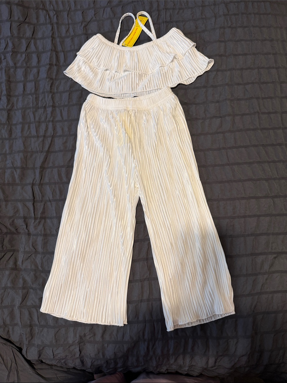 Girls White Pleated Off-Shoulder Wide-Leg Jumpsuit